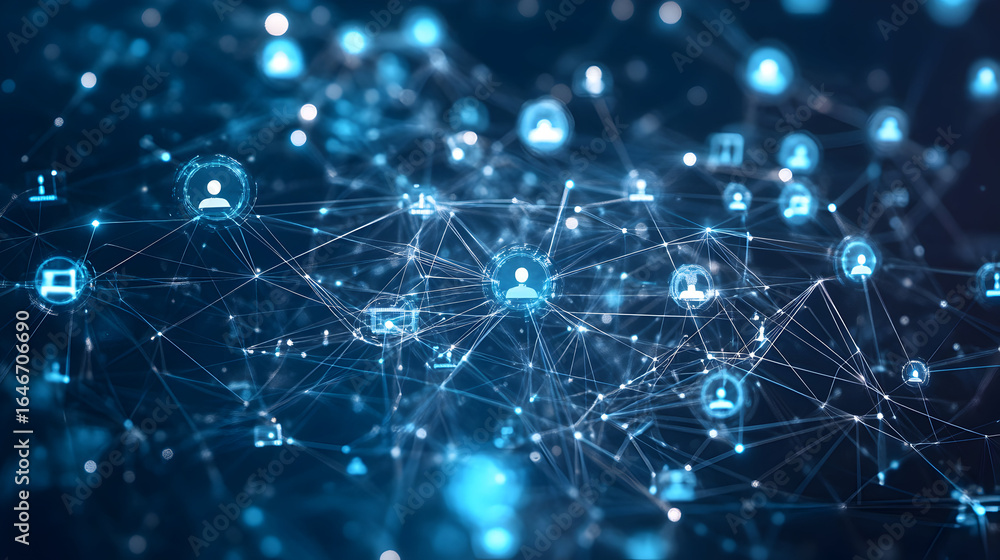 Poster abstract interconnected network of users and devices with blue glowing nodes