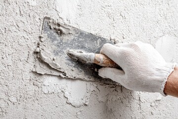 A hand in a white glove uses a putty knife to apply plaster to a wall