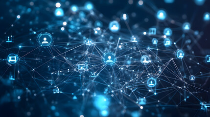 Abstract interconnected network of users and devices with blue glowing nodes