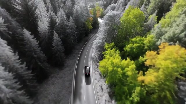Elektroauto aus Drohnenperspektive mit Farbwechseleffekt im Wald &ndash; Schwarz-Wei&szlig; zu leuchtender Natur. K&uuml;nstliche Intelligenz KI