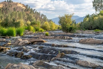 Tranquil river flowing through a lush green landscape with distant mountains under a cloudy sky
