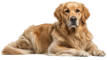 Majestic Golden Retriever with long golden fur lying down looking attentively at the camera.