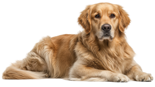 Majestic Golden Retriever with long golden fur lying down looking attentively at the camera.