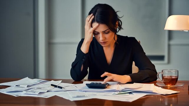 Worried Woman Calculates Finances At Desk Covered With Bills In Dim Lighting With Dark Hair And Black Business Casual Attire
