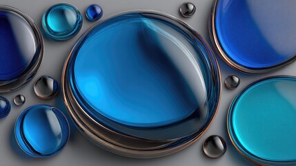 Abstract arrangement of glossy, layered orbs in varying shades of blue