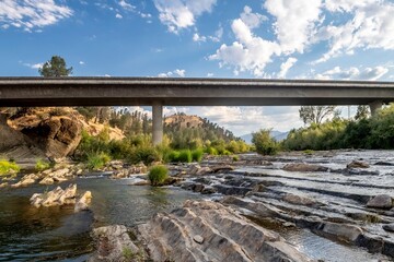 Scenic view of a bridge over a rocky river with lush greenery and a bright blue sky
