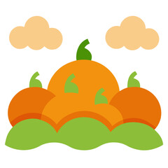 Stylized autumn pumpkins under a cloudy sky