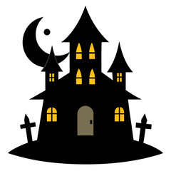 Spooky halloween haunted house with crescent moon and graveyard