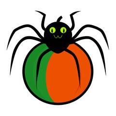Cute halloween spider sitting on a green and orange pumpkin
