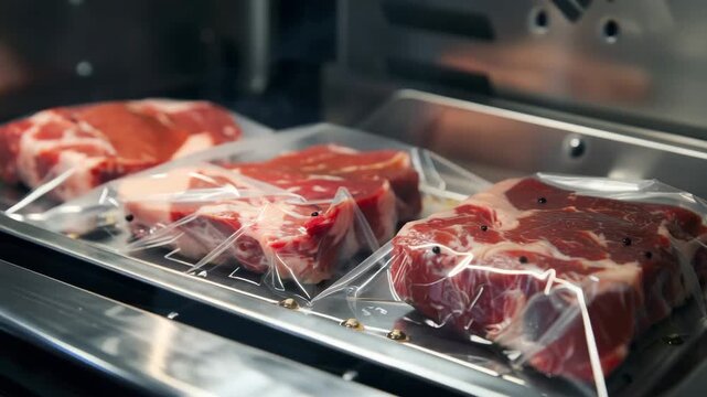 Fresh raw beef steaks sealed in vacuum packaging on a conveyor belt in a meat processing facility