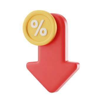 Red downward arrow with a golden coin displaying a percentage symbol isolated on transparent background