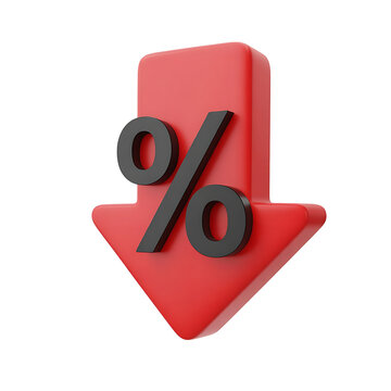 Red arrow with a percentage symbol pointing downwards representing a decrease in prices or interest rates isolated on transparent background
