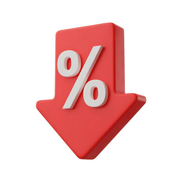 Red downward arrow with a percentage symbol indicating a decrease in price or value isolated on transparent background