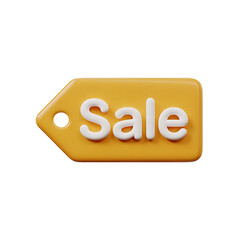 Bright yellow sale tag with white 3d text isolated on transparent background