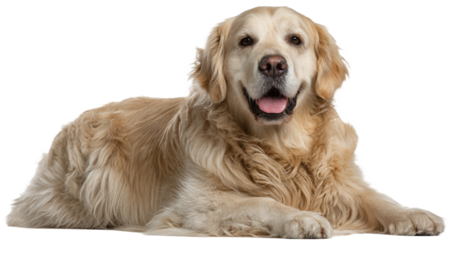 A beautiful Golden Retriever dog with a fluffy coat lying down and looking at the camera with a happy panting expression.