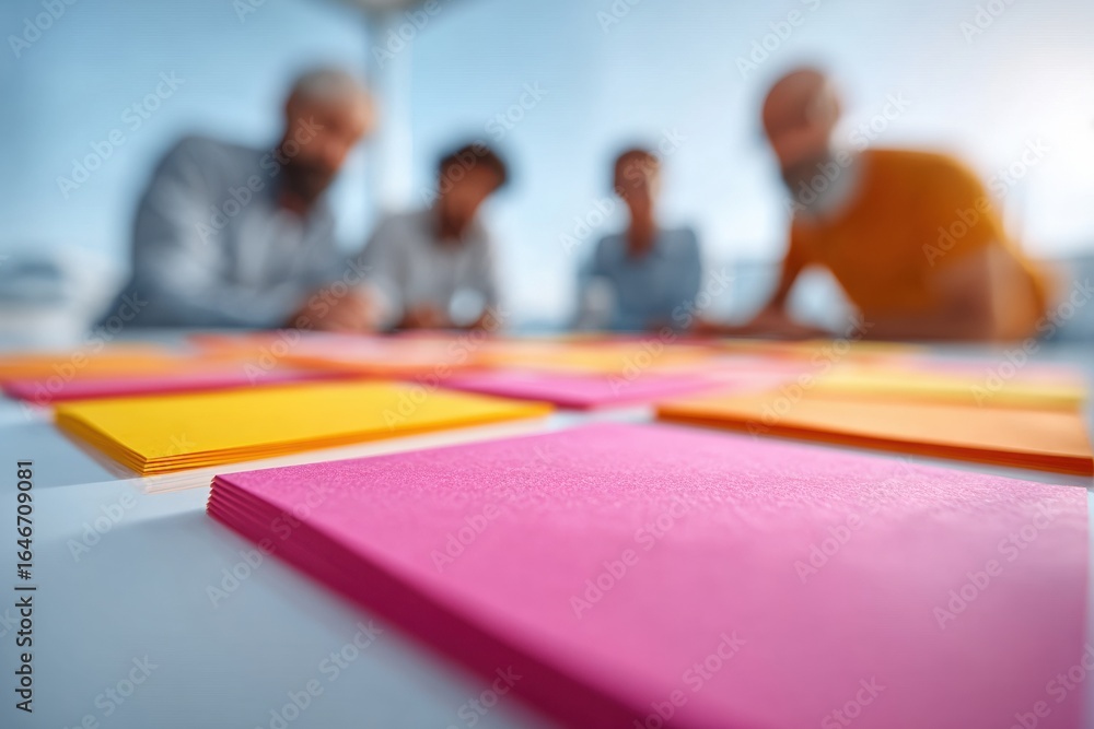 Poster professional collaborative project management team using colorful post-its and digital dashboards fo