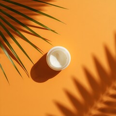 Overhead view of a small white jar of creamy cosmetic product casting a shadow next to a tropical palm leaf on a vibrant orange background