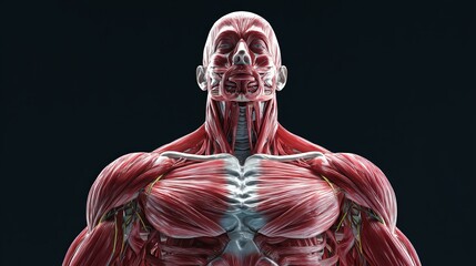 Detailed anatomical model showcasing human muscles and structure against a dark background.