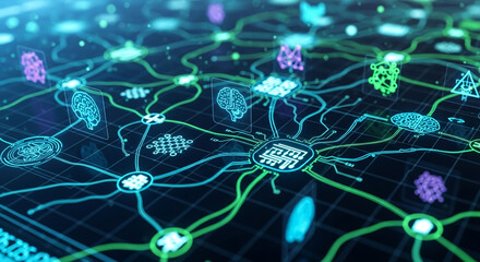 Close-up of a router or internet hub with glowing data flow lines and AI symbols representing connected devices, dark and clean background, subtle glowing light, no human present.