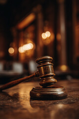 Close-up of a wooden judge's gavel on a table in a dimly lit courtroom