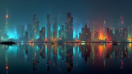 Photorealistic Panoramic Futuristic Cityscape at Twilight