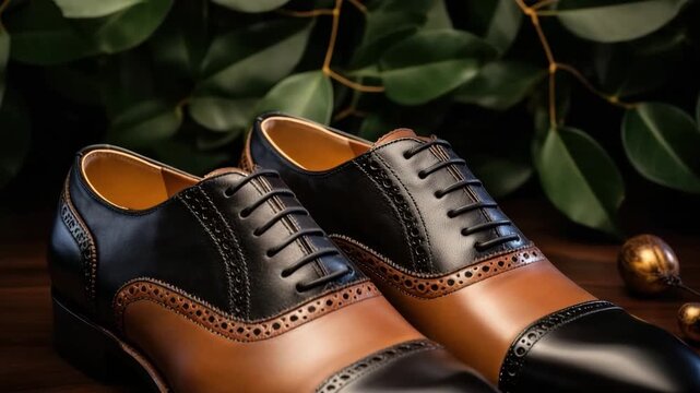 Classic men's leather dress shoes with black and tan color blocking and brogue detailing