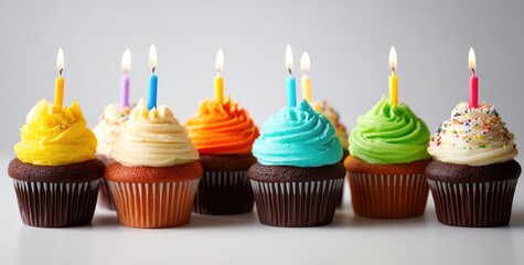 Colorful cupcakes with lit candles