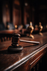 Close-up of a wooden judge's gavel on a table in a dimly lit courtroom