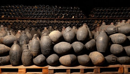 Obraz premium Dark cellar, stacked bottles and jugs