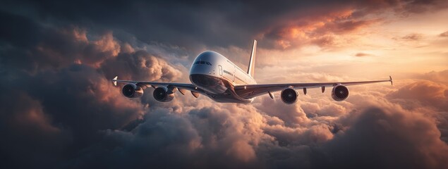 Huge jet plane soars above dramatic clouds at sunset
