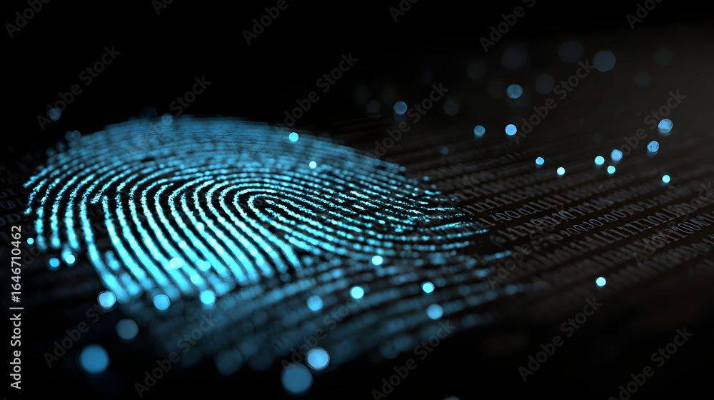 Poster digital fingerprint on binary code, biometric identification technology concept