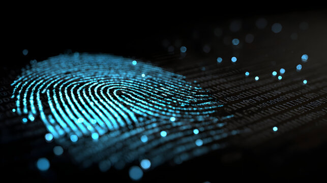 Digital fingerprint on binary code, biometric identification technology concept