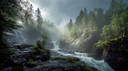 Fototapeta premium Early morning mist hovering over a European waterfall with soft light filtering through ancient trees