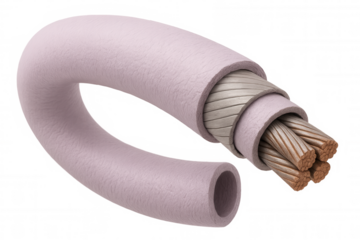 Section of a pink electric cable showing copper wires and insulation layers on a transparent background