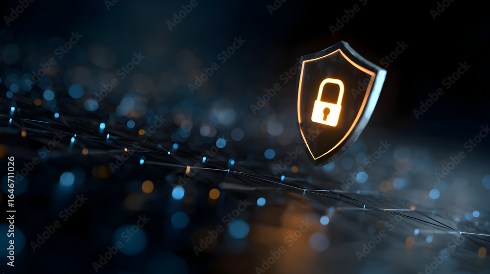 Poster digital shield and padlock representing cybersecurity on network background