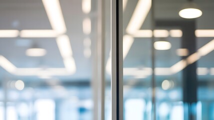 Fototapeta premium Blurred interior with modern ceiling lights and glass partitions out of focus