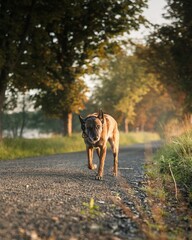 Belgian Malinois dog walking on a gravel path surrounded by lush greenery and trees