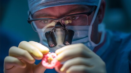 Focused male surgeon examining a colorful surgical model under bright lighting.
