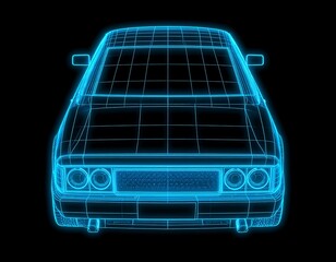 Wireframe digital rendering of a classic car, viewed from the front
