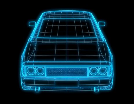 Wireframe digital rendering of a classic car, viewed from the front - Powered by Adobe
