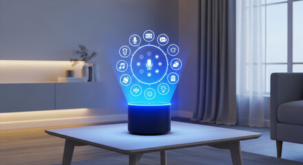 A smart speaker device placed in a modern home interior, with digital holographic interface showing AI assistant controls and voice command icons, ambient lighting, clean and minimalist background, no
