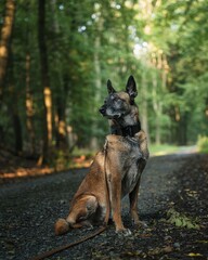 Belgian Malinois dog sitting on a forest trail with lush green trees in the background