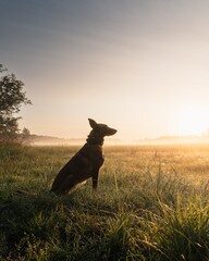 Silhouette of a Belgian Malinois dog sitting in a field at sunrise, with a misty background