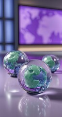 Three translucent globes, each containing a stylized earth, sit on a reflective surface in front of a purple backdrop with a map