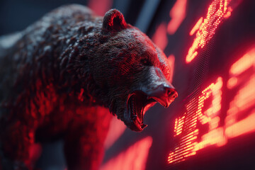 Figurine of a bear and a digital display representing the bear market