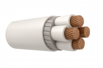 Copper wires emerging from electric cable, revealing intricate internal structure with metallic conductivity against clear backdrop