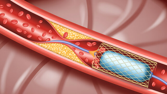 Angioplasty balloon expanding stent in blocked artery