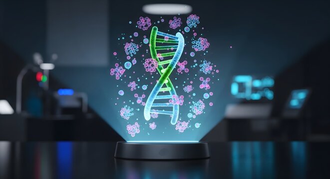 Holographic DNA Double Helix in Futuristic Lab - Powered by Adobe