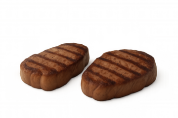 Juicy beef steaks grilling, seared with distinct crosshatch marks, resting on clean transparent surface