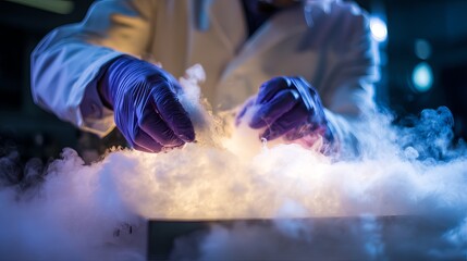 A scientist in a lab coat uses gloves to handle a hazy substance in a laboratory setting.